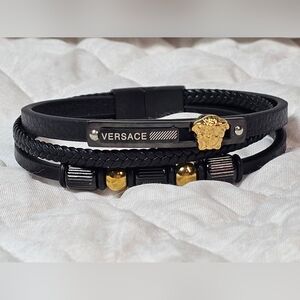 Versace Unisex Black and Gold Leather And GunMetal Medusa Bracelet New